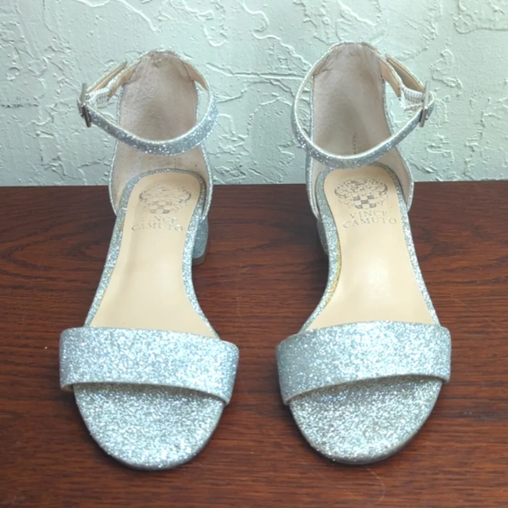 Vince Camuto Girls Pascala Silver Glitter Ankle Strap Block Heel Sandals 11